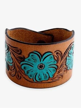 Myra Bag Bold Blossom Turquoise Floral Hand Tooled Leather Cuff Bracelet